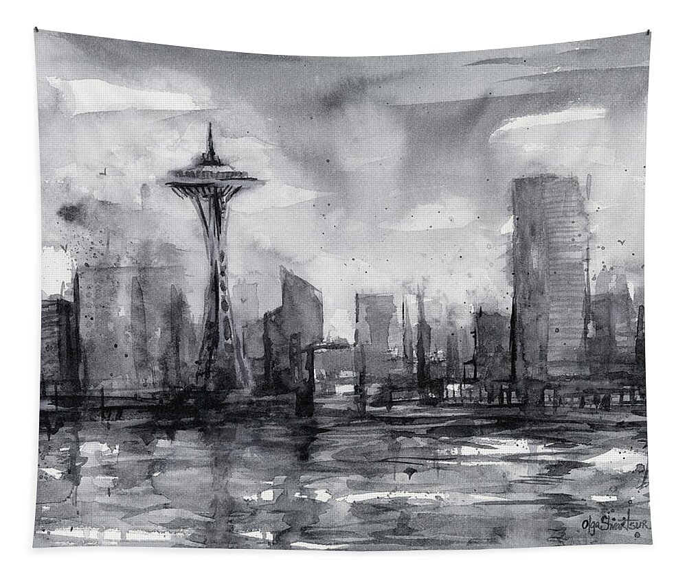 Seattle Tapestry featuring the painting Seattle Skyline Painting Watercolor by Olga Shvartsur