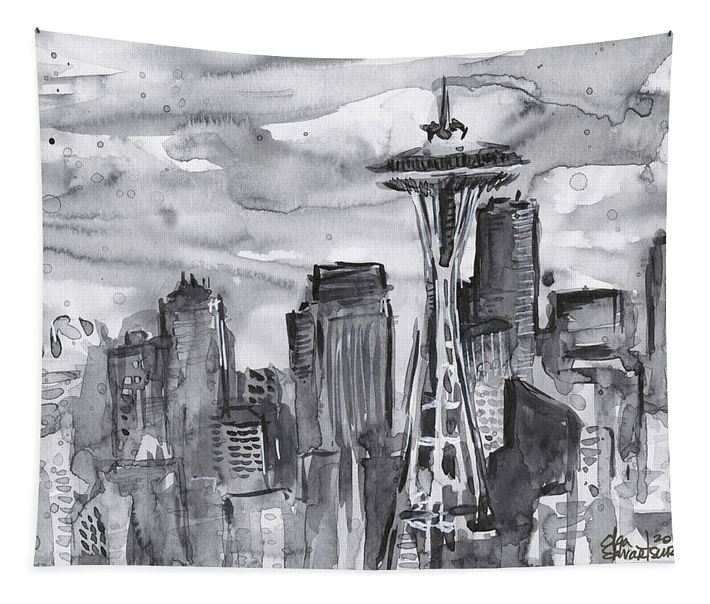 Seattle Tapestry featuring the painting Seattle Skyline Space Needle by Olga Shvartsur