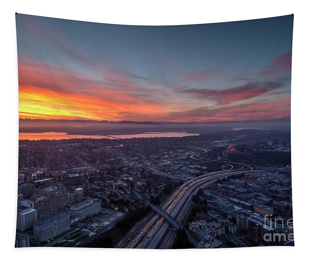 Seattle Tapestry featuring the photograph Seattle Sunrise from the Columbia Center by Mike Reid