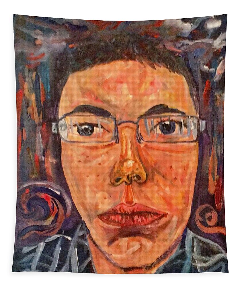 Self Portrait Tapestry featuring the painting Self Portrait with Stormy Sky by Angela Weddle