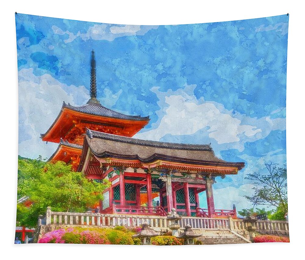 Nature Tapestry featuring the painting Senso Ji Temple Kyoto Japan by Celestial Images