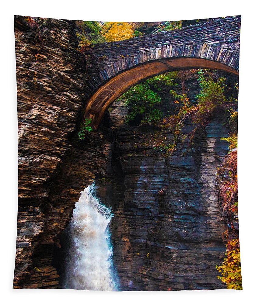 Water Fall Tapestry featuring the photograph Sentry Bridge of Watkins Glen #1 by Mindy Musick King