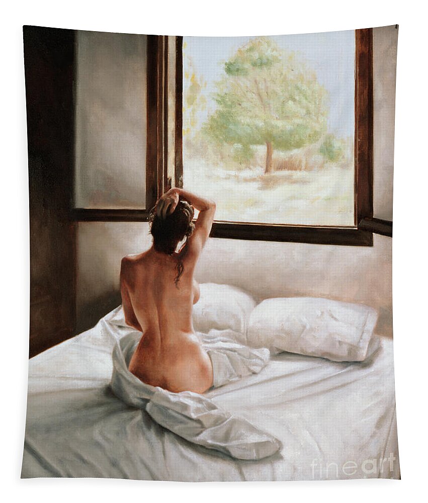 Bed; Waking Up; Female; Woman; Nude; Bedsheets; Sheets; Window; View; Tree Tapestry featuring the painting September Morning by John Worthington