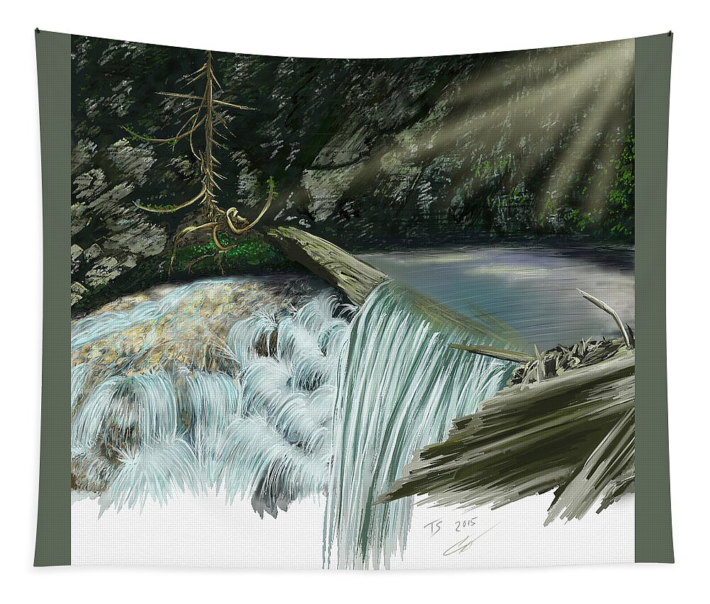 Waterscape Tapestry featuring the digital art Serene Oasis of Stagger Inn by Troy Stapek