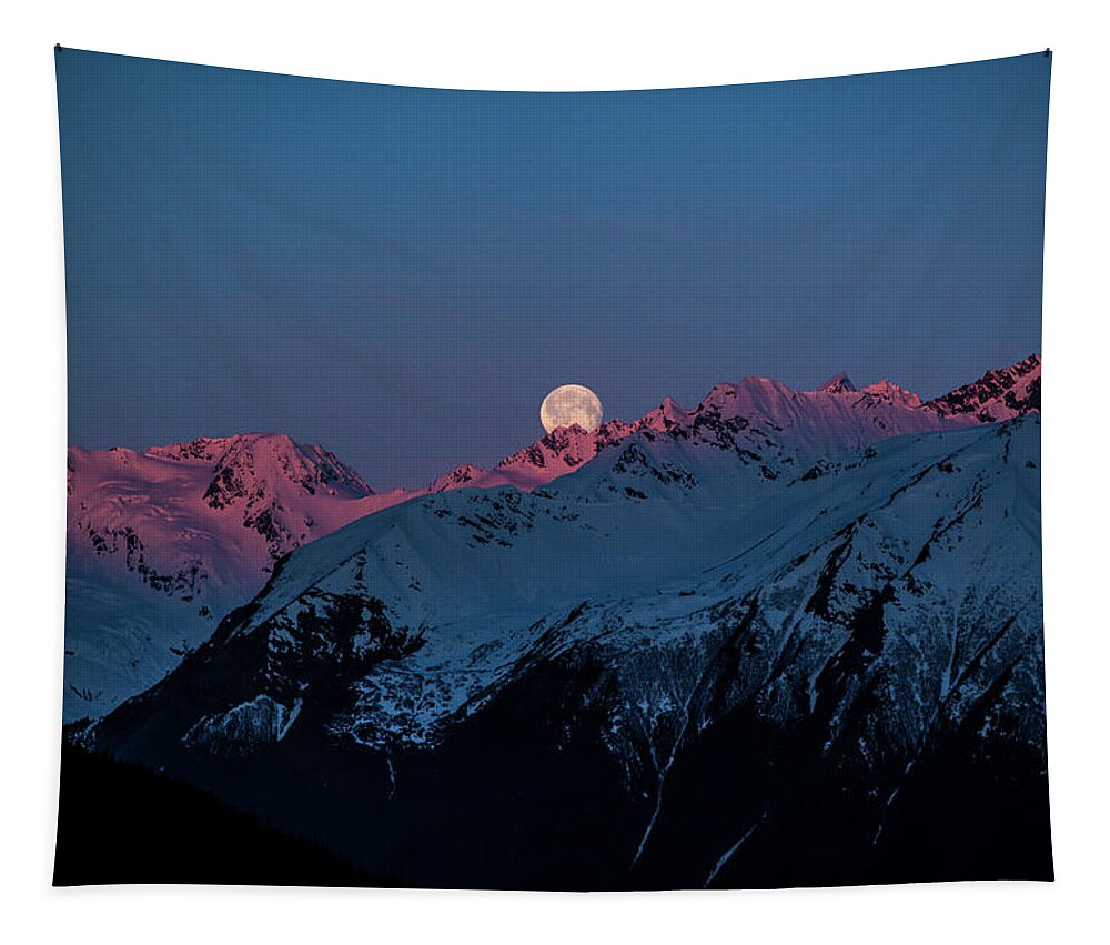 Landscape Tapestry featuring the photograph Setting Moon over Alaskan Peaks IV by Matt Swinden