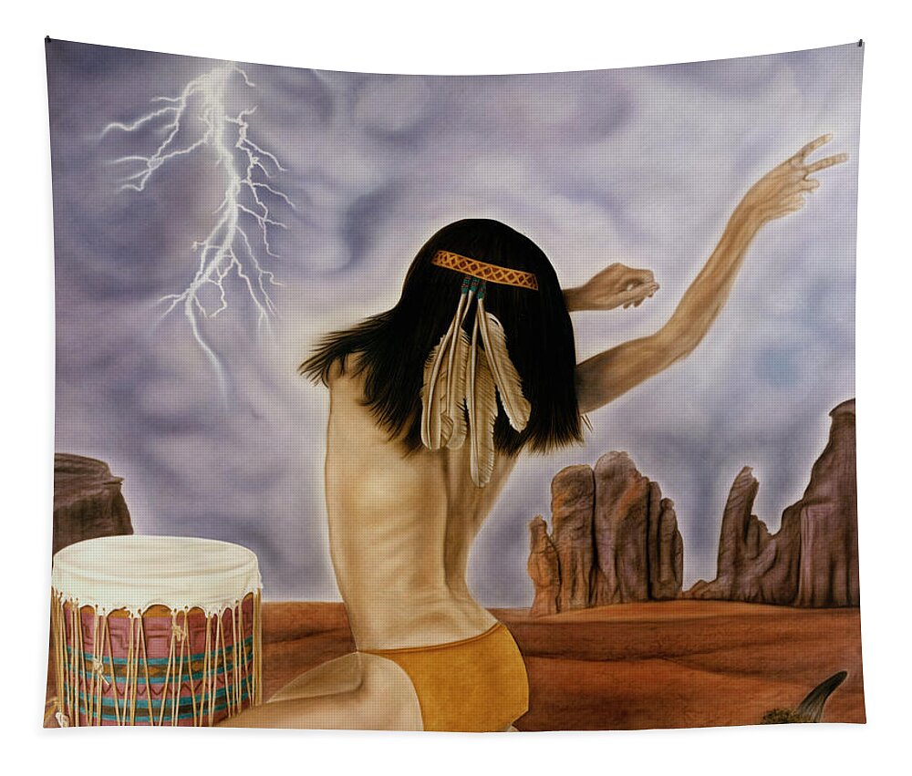 Storm Tapestry featuring the painting She Called The Rain by Rich Milo