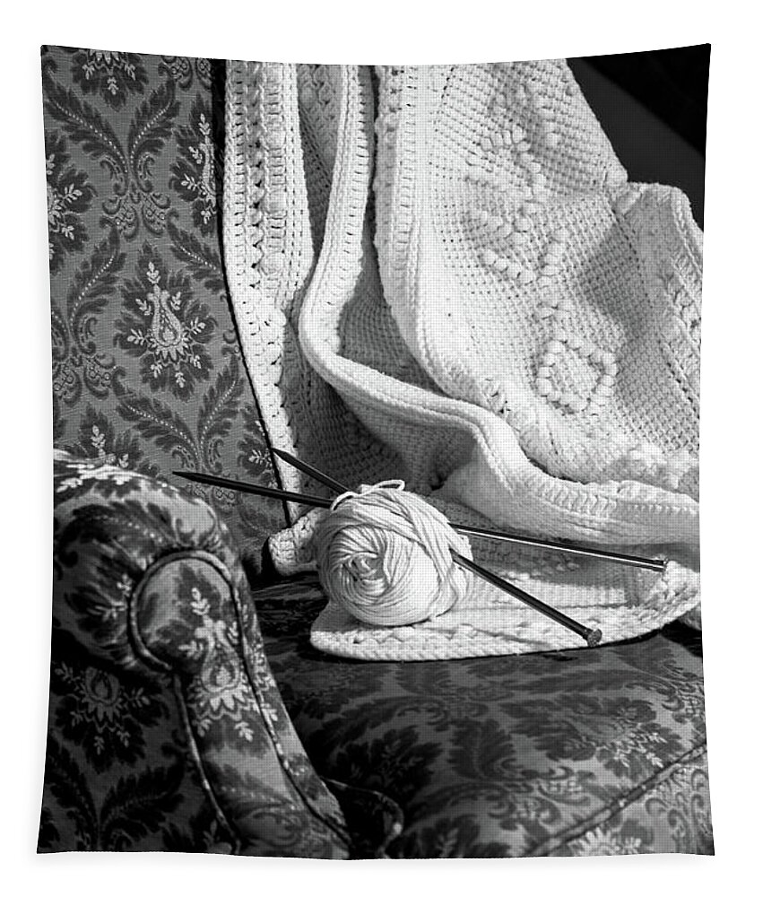 Still Life Tapestry featuring the photograph She Sits and Knits by Ira Marcus