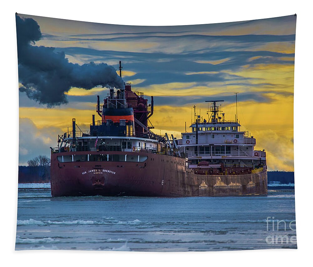 Ship Tapestry featuring the photograph Ship Hon. James L. Oberstar Winter Sunrise -6878 Great Lake Freighters by Norris Seward