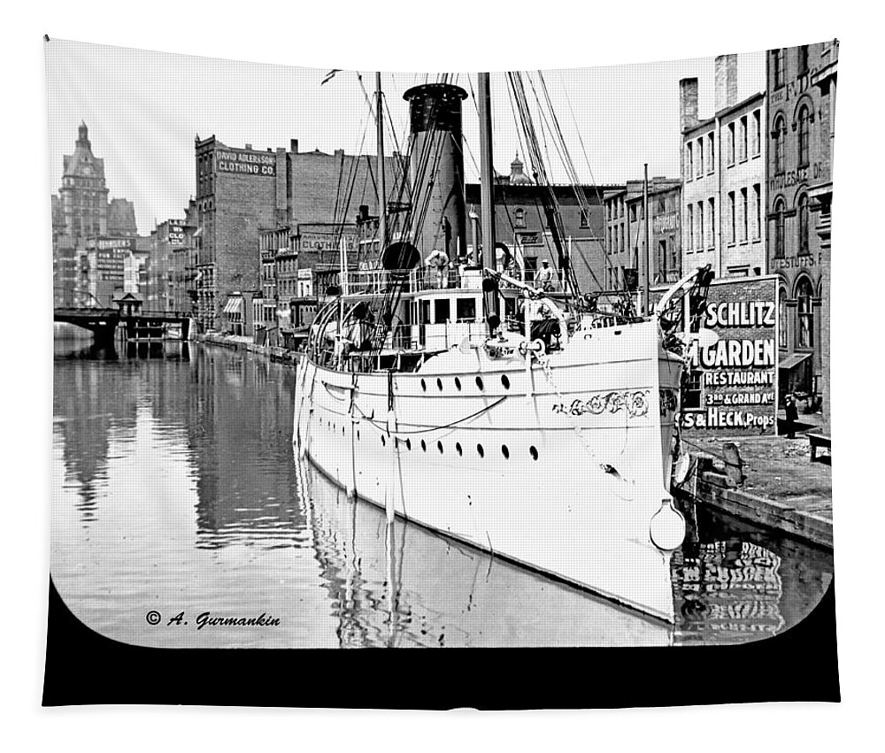 Urban Tapestry featuring the photograph Ship in Milwaukee River c 1915 by A Macarthur Gurmankin