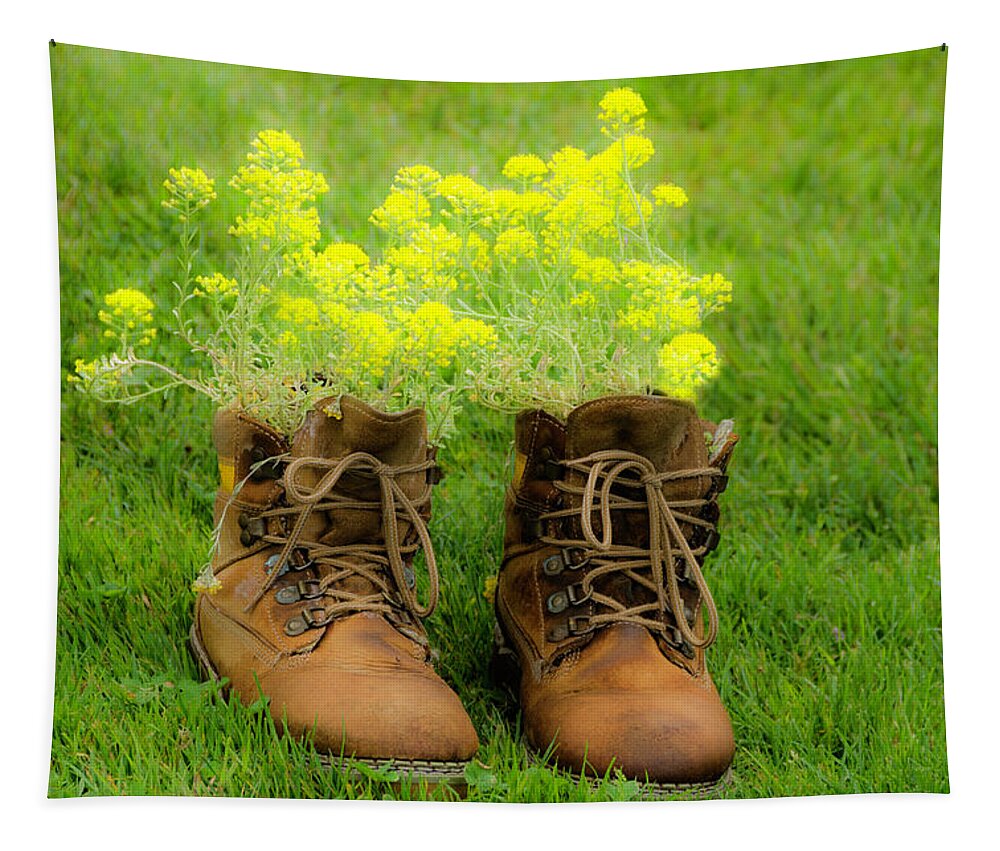 Leather Boots Tapestry featuring the photograph Shoes filled with beauty by Wolfgang Stocker