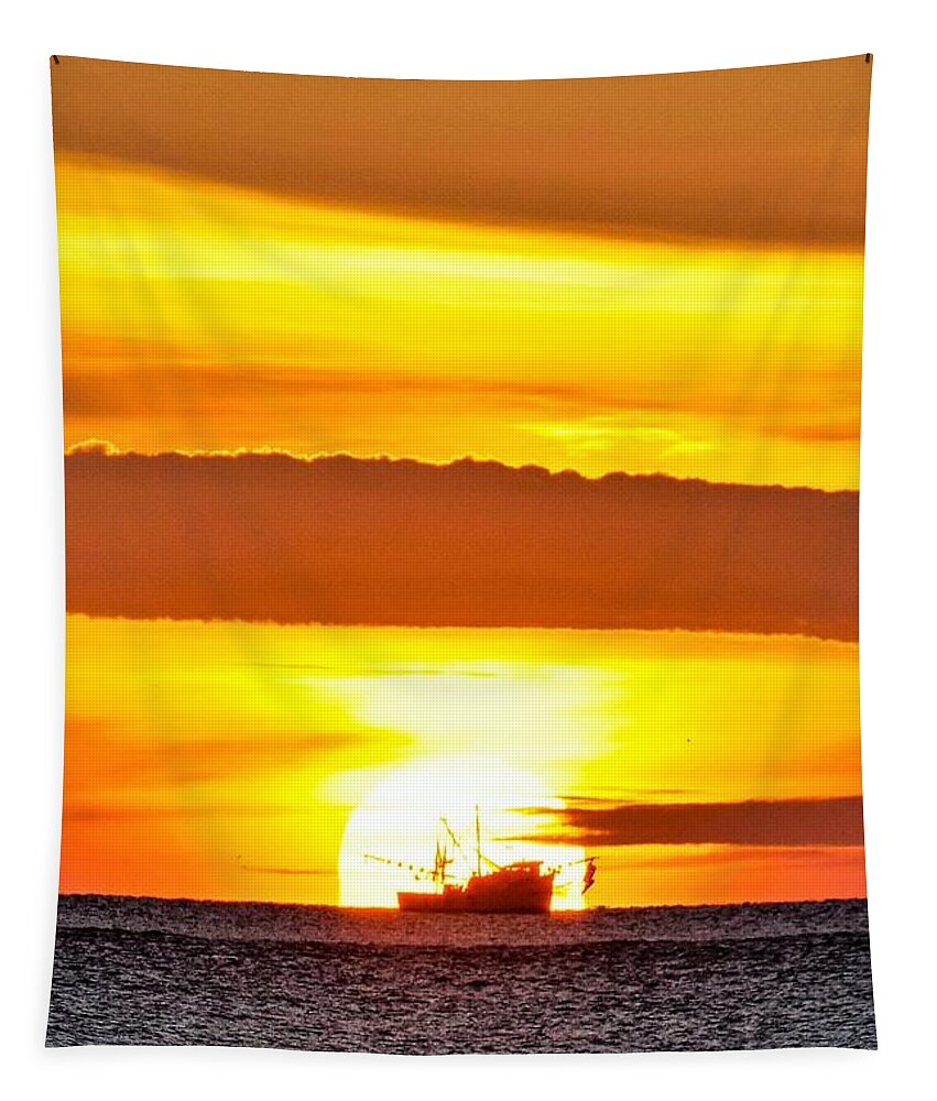 Shrimp Boat Tapestry featuring the photograph Shrimp Boat at Sunrise by Mary Ann Artz