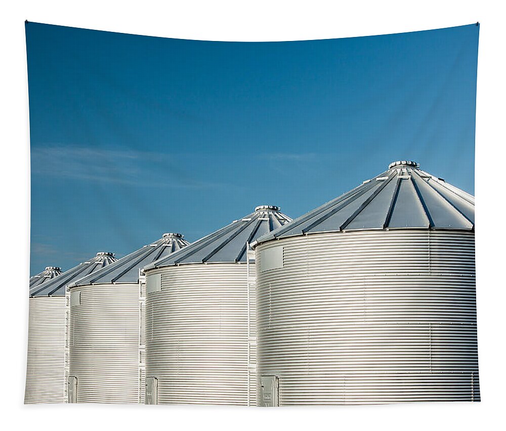 Grain Bins Tapestry featuring the photograph Silver Bins on Blue by Todd Klassy