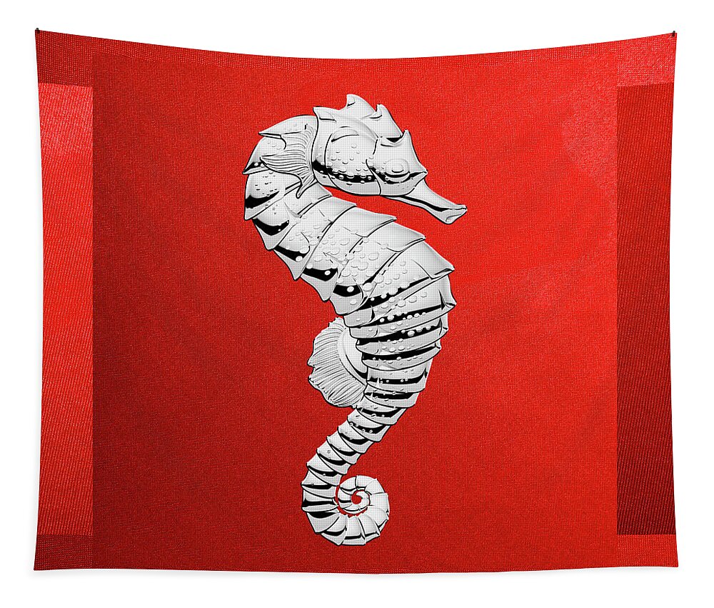 'beasts Creatures And Critters' Collection By Serge Averbukh Tapestry featuring the digital art Silver Seahorse on Red Canvas by Serge Averbukh