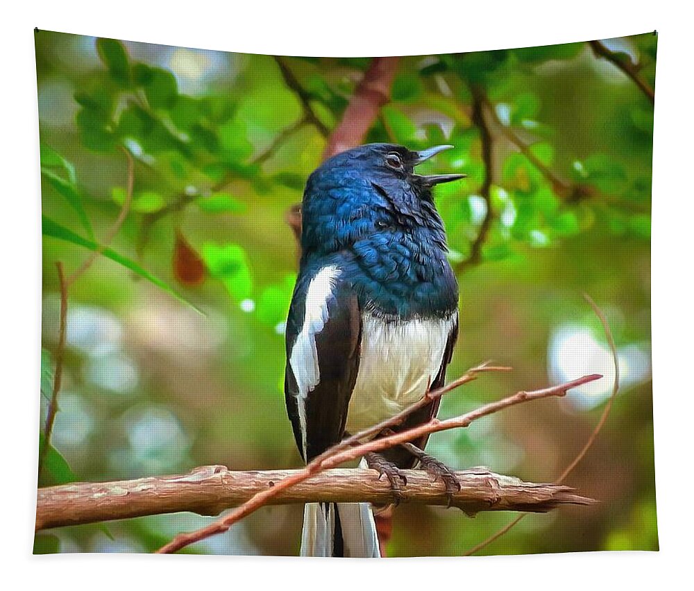 Bird Tapestry featuring the digital art Singing Ceylonese Robin-Magpie by Sarah Sever