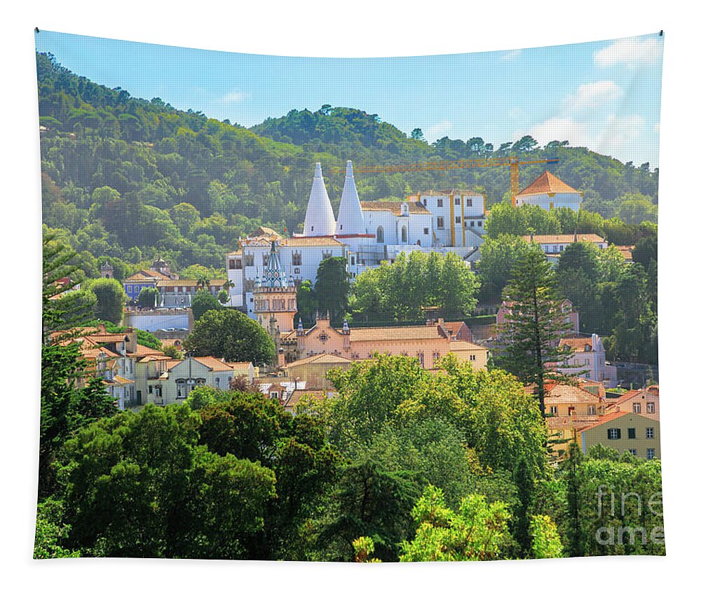 Sintra Tapestry featuring the photograph Sintra National Palace aerial by Benny Marty