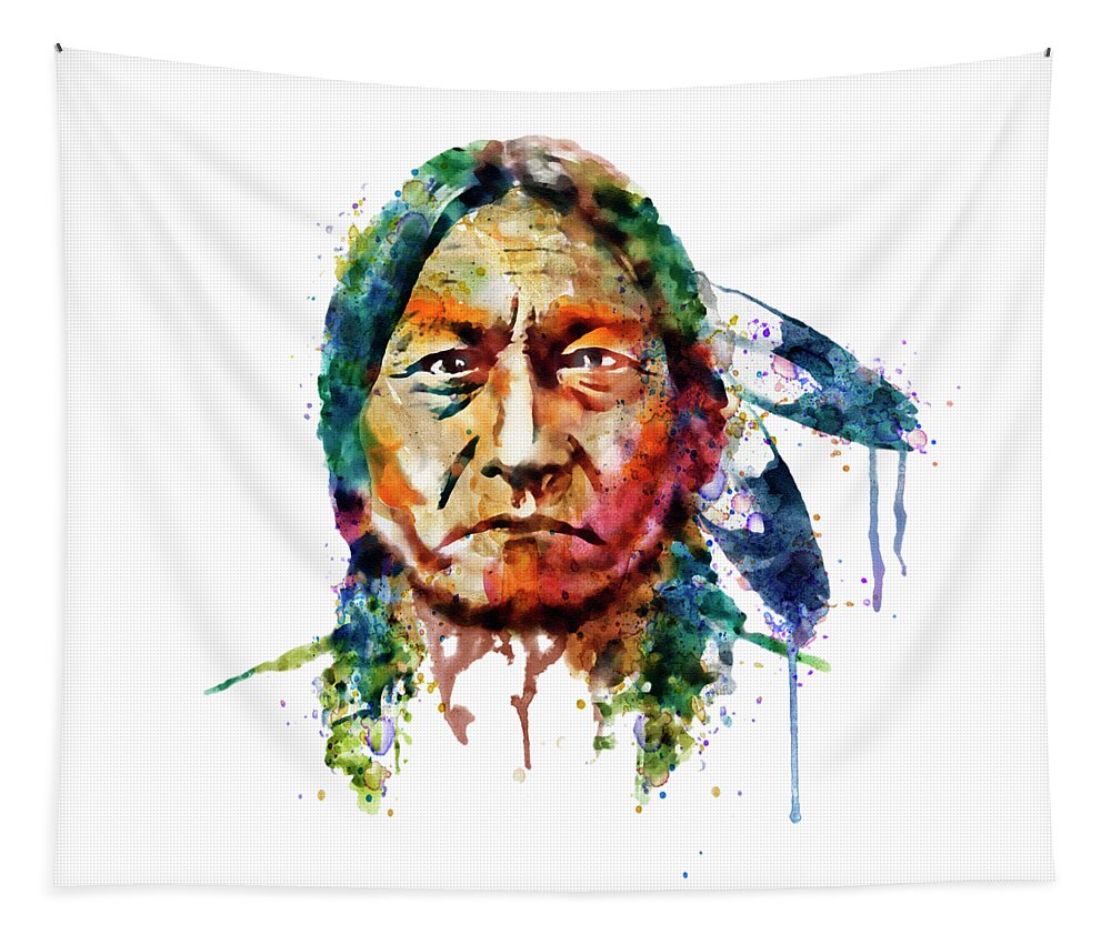 Sitting Bull Tapestry featuring the painting Sitting Bull watercolor painting by Marian Voicu