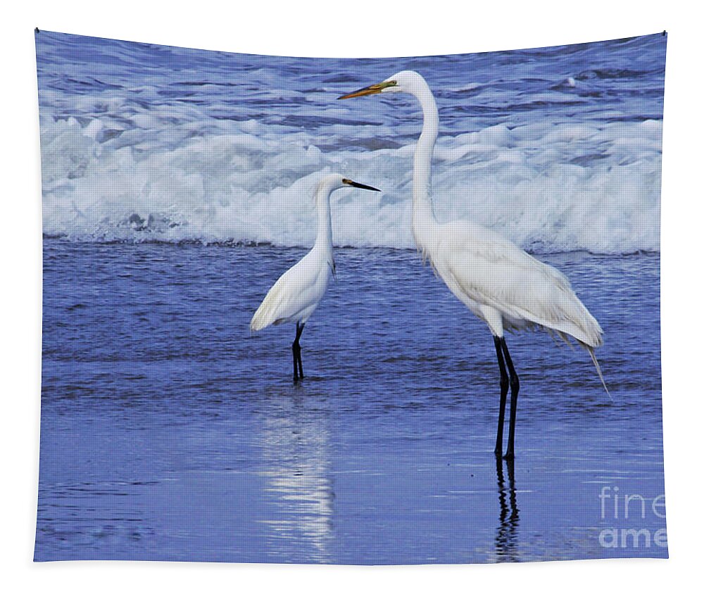 Great White Heron Tapestry featuring the photograph Sizing Things Up by Debby Pueschel