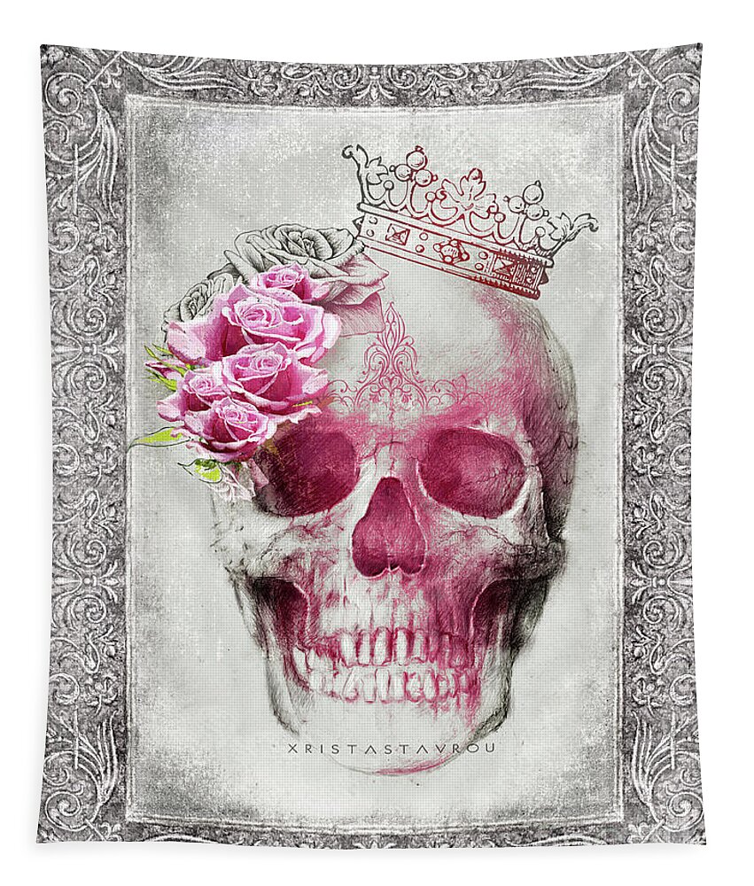 Flowers Tapestry featuring the digital art Skull Queen with Roses V2 by Xrista Stavrou