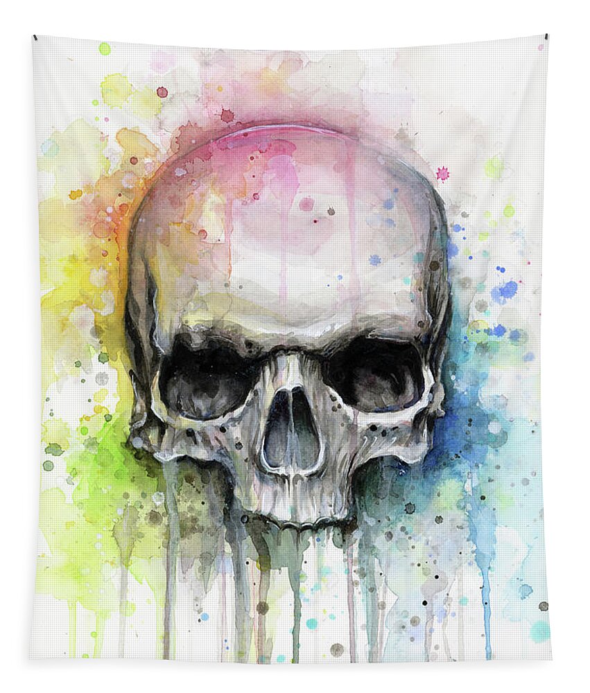 Skull Tapestry featuring the painting Skull Watercolor Rainbow by Olga Shvartsur