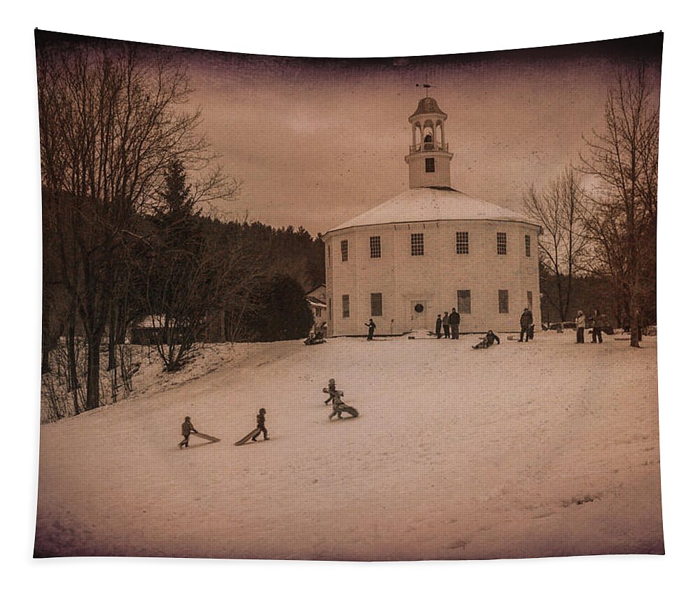 #jefffolger Tapestry featuring the photograph Sledding at the Vermont round church by Jeff Folger