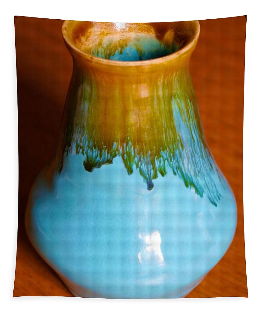  Tapestry featuring the ceramic art Small Turquoise Vase with Honey Amber by Polly Castor