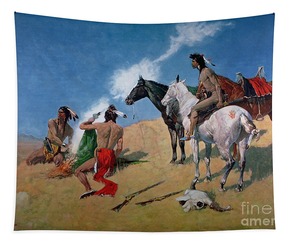 Smoke Signals By Frederic Remington Tapestry featuring the painting Smoke Signals by Frederic Remington
