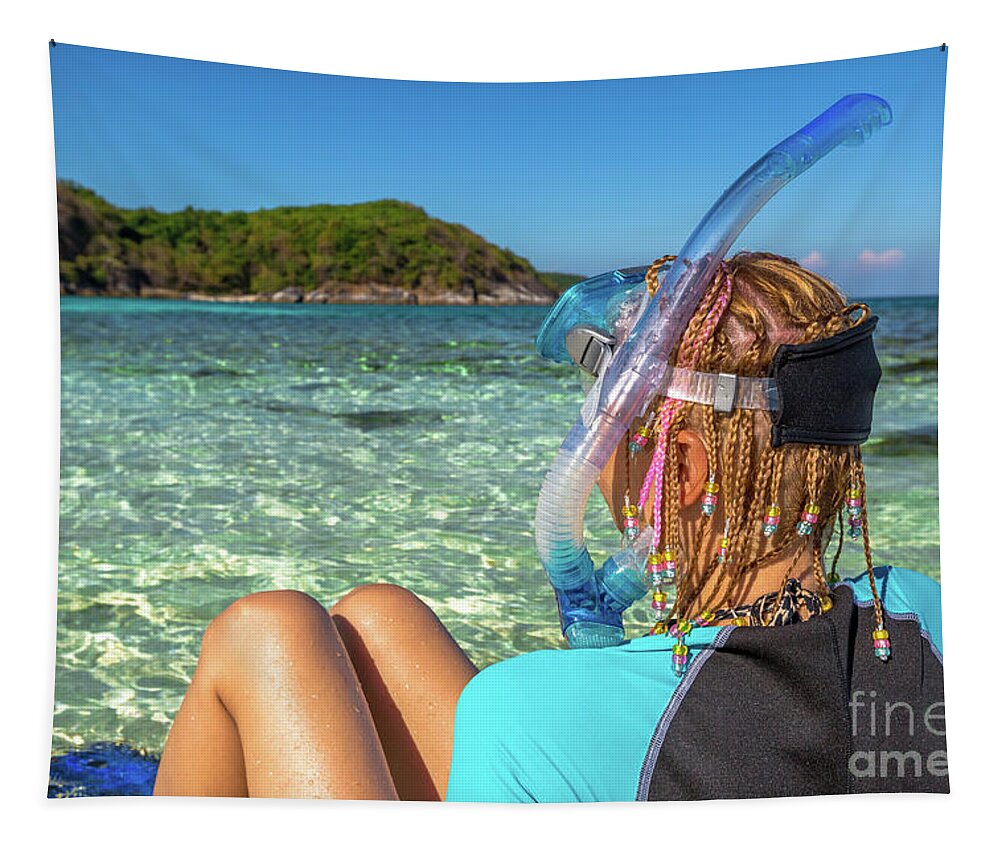 Snorkeler Tapestry featuring the photograph Snorkeler relaxing on tropical beach by Benny Marty