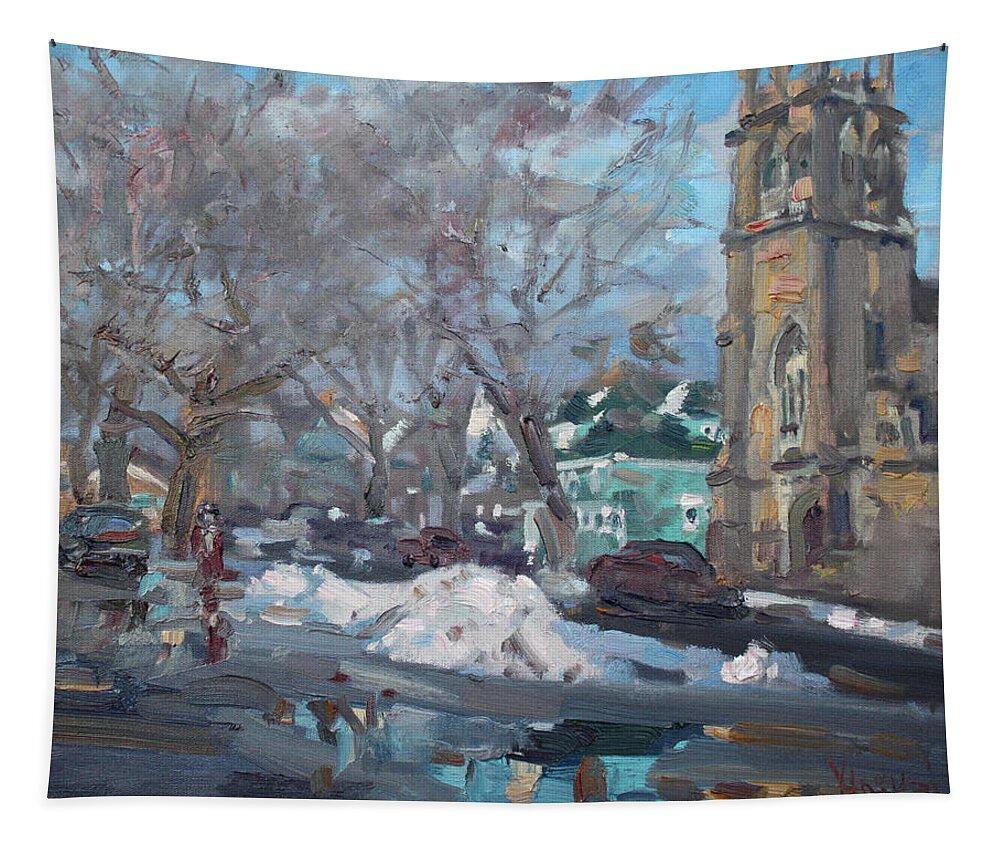 Winter Tapestry featuring the painting Snow Day at 7th st by Potters House Church by Ylli Haruni