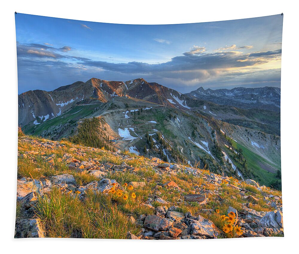 Landscape Tapestry featuring the photograph Snowbird Sunset View from Mount Baldy by Brett Pelletier