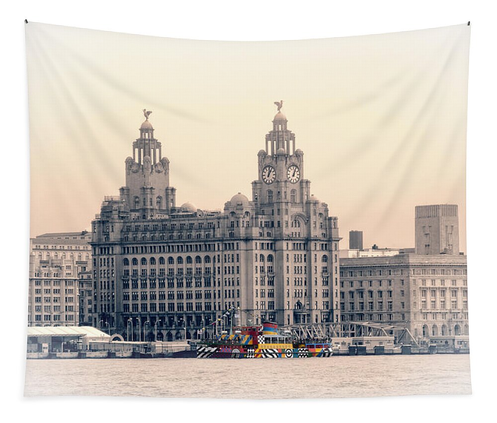 Pier Tapestry featuring the photograph Snowdrop Dazzles in front of the Liverbirds by Spikey Mouse Photography