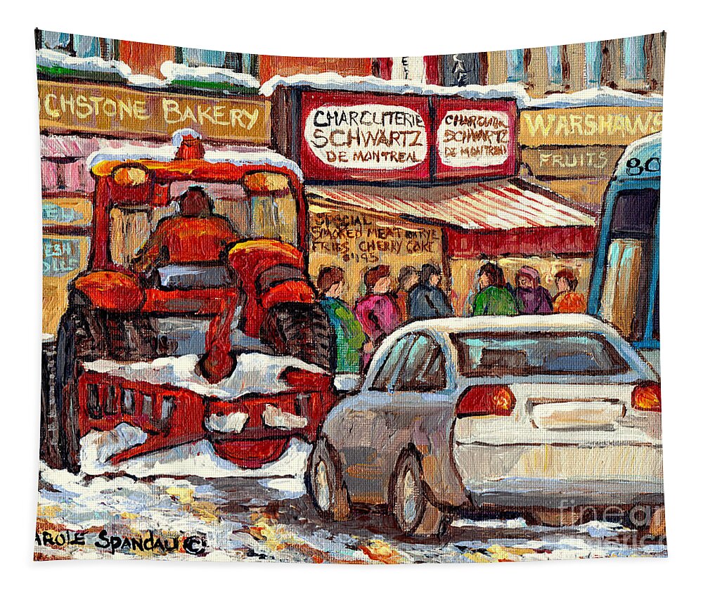 Montreal Tapestry featuring the painting Snowplow Winter Scene Painting For Sale 80 Bus To Schwartz Deli C Spandau Richstone Warshaw Art   by Carole Spandau