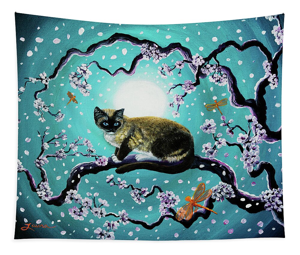 Siamese Tapestry featuring the painting Snowshoe Cat and Dragonfly in Sakura by Laura Iverson