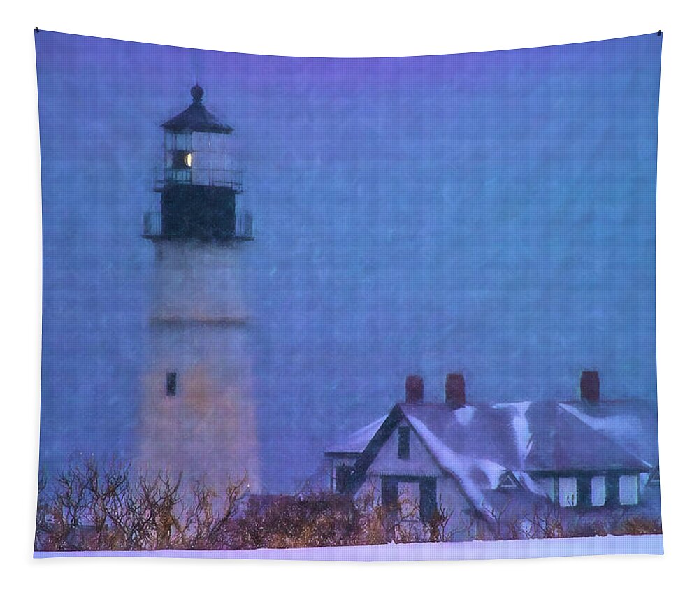 Portland Lighthouse Tapestry featuring the photograph Snowstorm hits Portland Lighthouse by Jeff Folger
