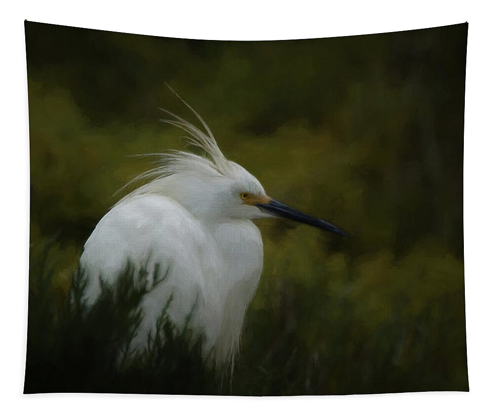 Birds Tapestry featuring the digital art Snowy Egret Portrait DA by Ernest Echols