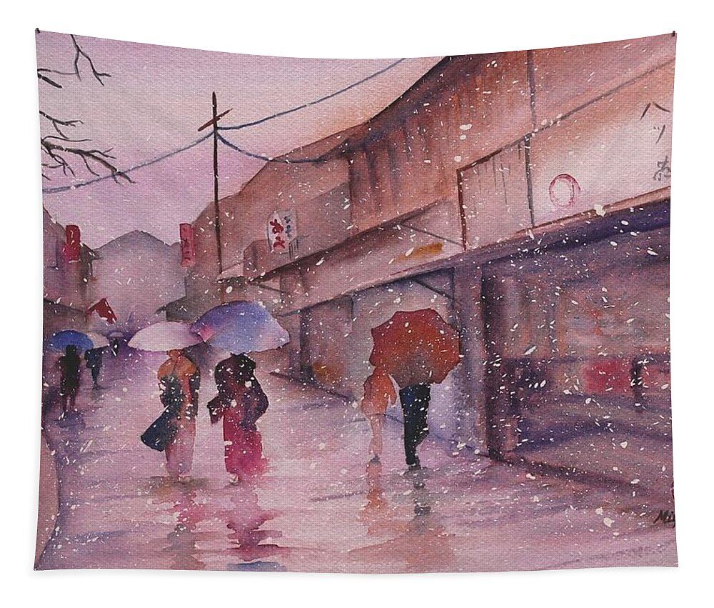Kyoto Tapestry featuring the painting Snowy Kyoto Day by Kelly Miyuki Kimura
