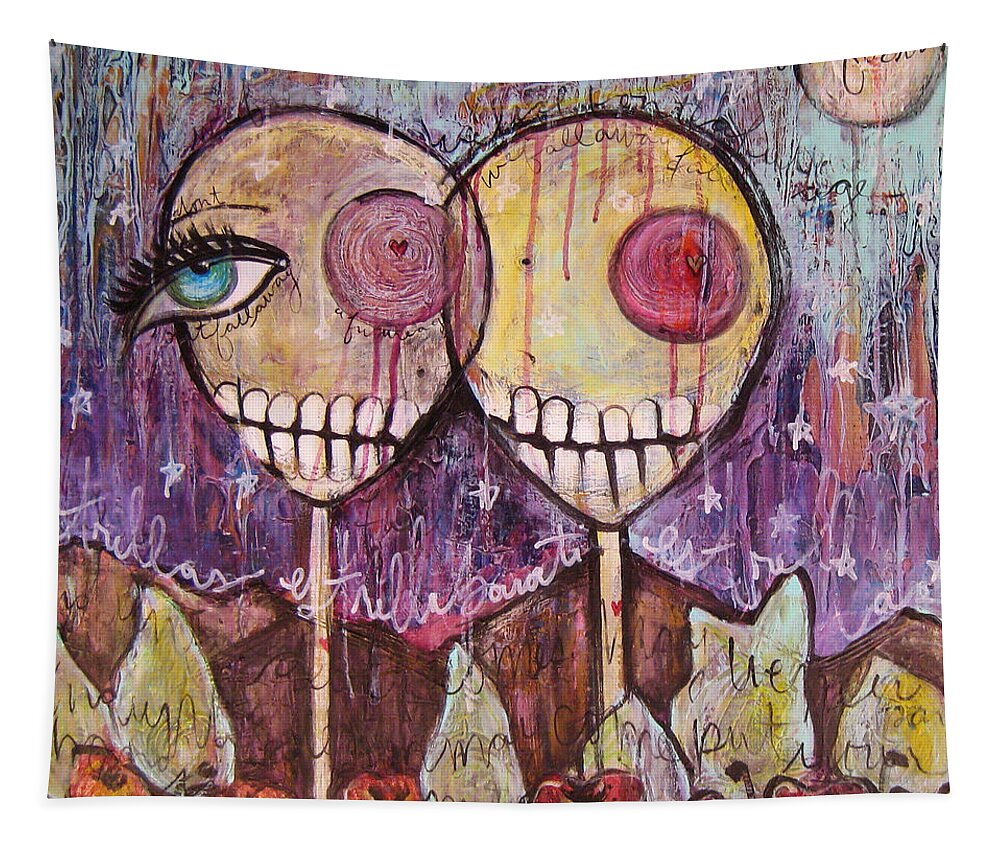 Skulls Tapestry featuring the painting So This is the new Year Estrellas and All by Laurie Maves ART