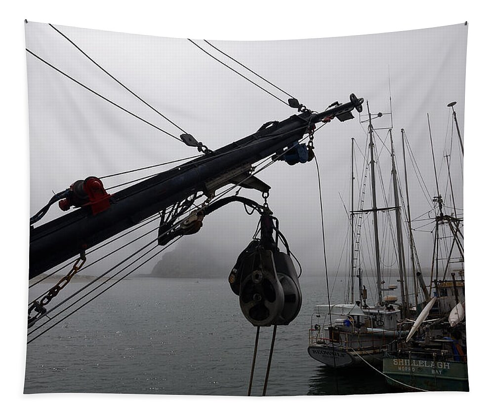 Darin Volpe Ships And Boats Tapestry featuring the photograph Socked In -- Fishing Boats in the Fog in Morro Bay, California by Darin Volpe