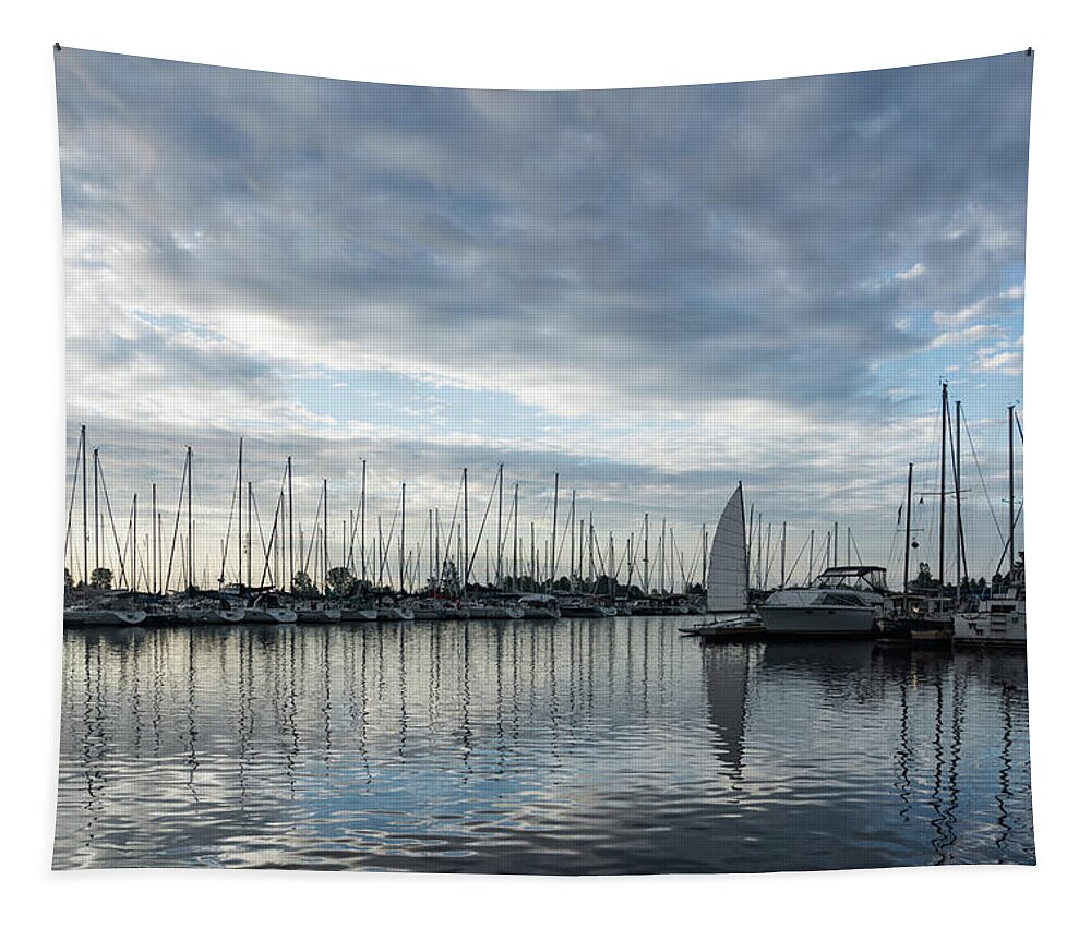 Georgia Mizuleva Tapestry featuring the photograph Soft Silver Morning - Reflecting on Sails and Yachts by Georgia Mizuleva