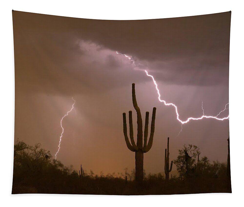 Lightning Tapestry featuring the photograph Sonoran Saguaro Southwest Desert Lightning Strike by James BO Insogna