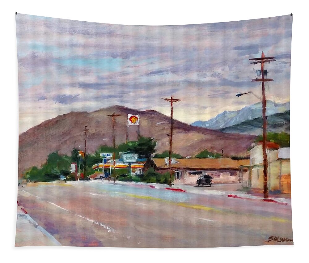 California Landscape Tapestry featuring the painting South on Route 395, Big Pine, California by Peter Salwen
