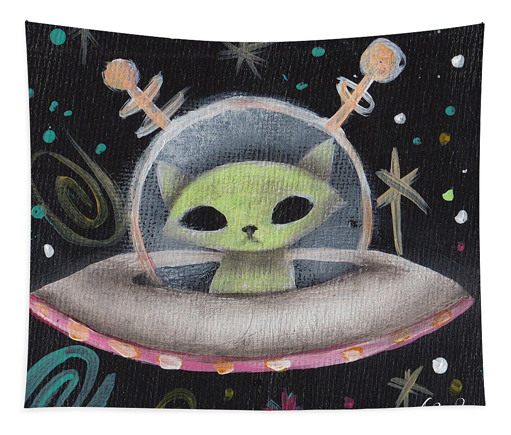 Mid Century Modern Tapestry featuring the painting Space Ship Green Cat by Abril Andrade