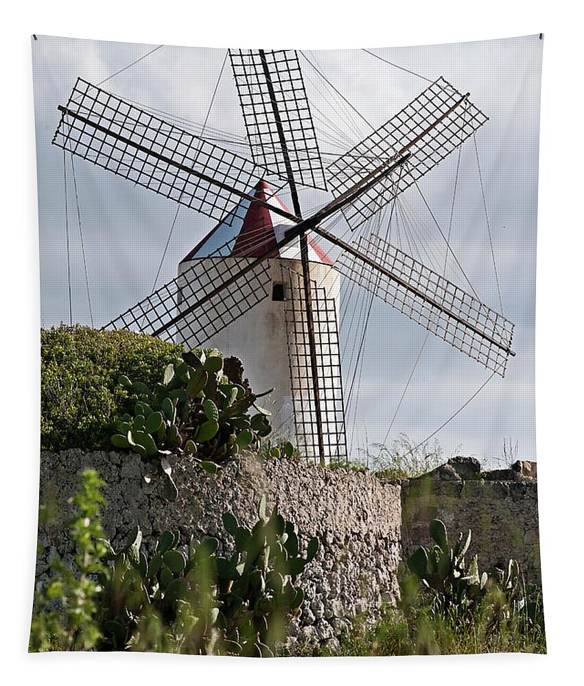Spain Tapestry featuring the photograph Spanish Wind Mill Red And White Hat by Pedro Cardona Llambias