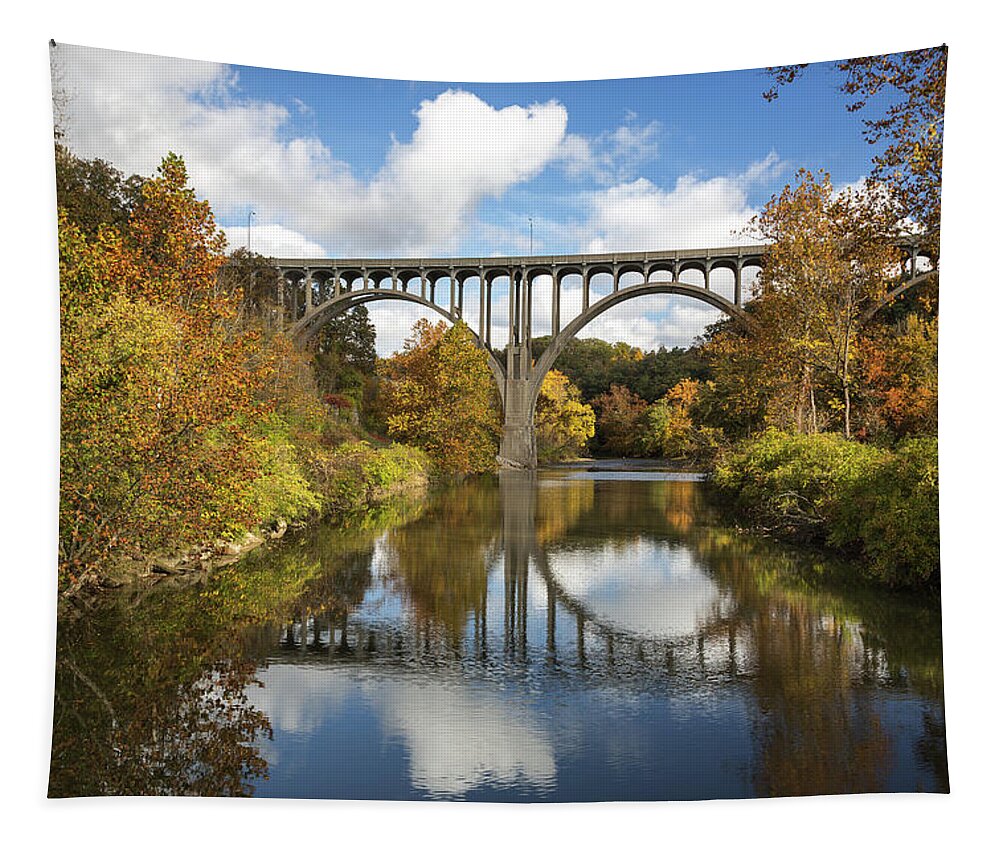 Spanning The Cuyahoga River Tapestry featuring the photograph Spanning The Cuyahoga River by Dale Kincaid
