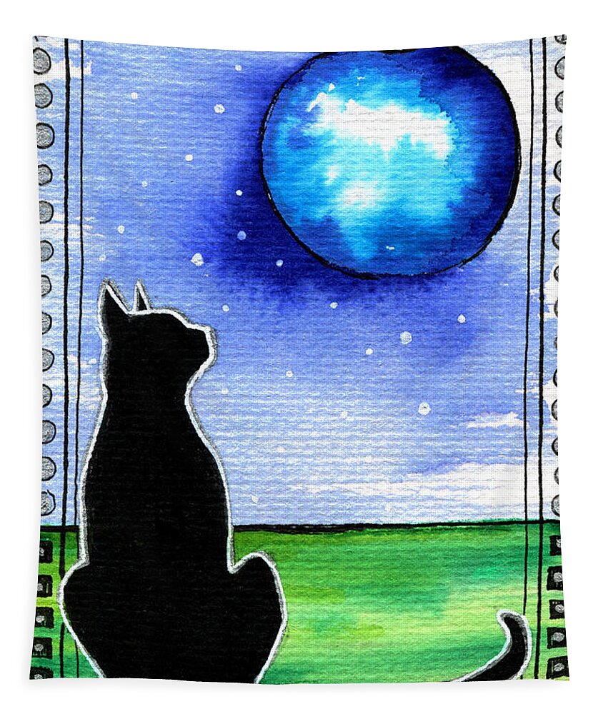 Sparkling Blue Bauble Tapestry featuring the painting Sparkling Blue Bauble - Christmas Cat by Dora Hathazi Mendes