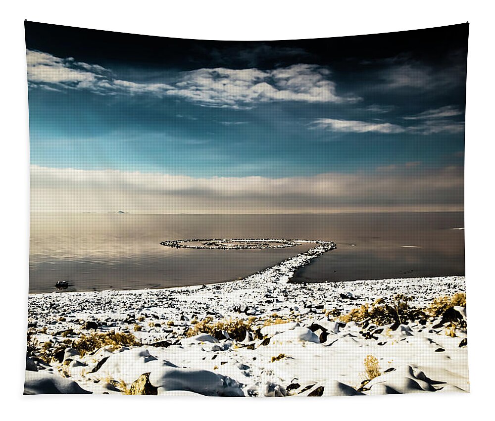 Spiral Jetty Tapestry featuring the photograph Spiral Jetty in winter by Bryan Carter