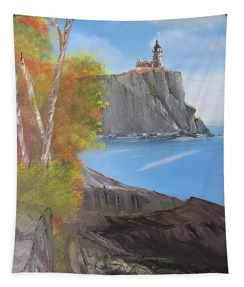 Light House Tapestry featuring the painting Split Rock Lighthouse Minnesota by Thomas Janos