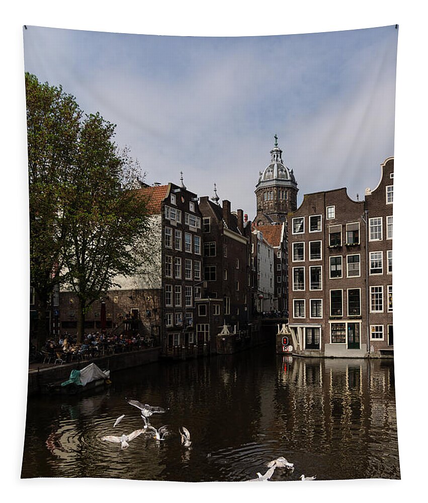 Georgia Mizuleva Tapestry featuring the photograph Springtime Amsterdam - Noisy Seagull Commotion on the Canal by Georgia Mizuleva