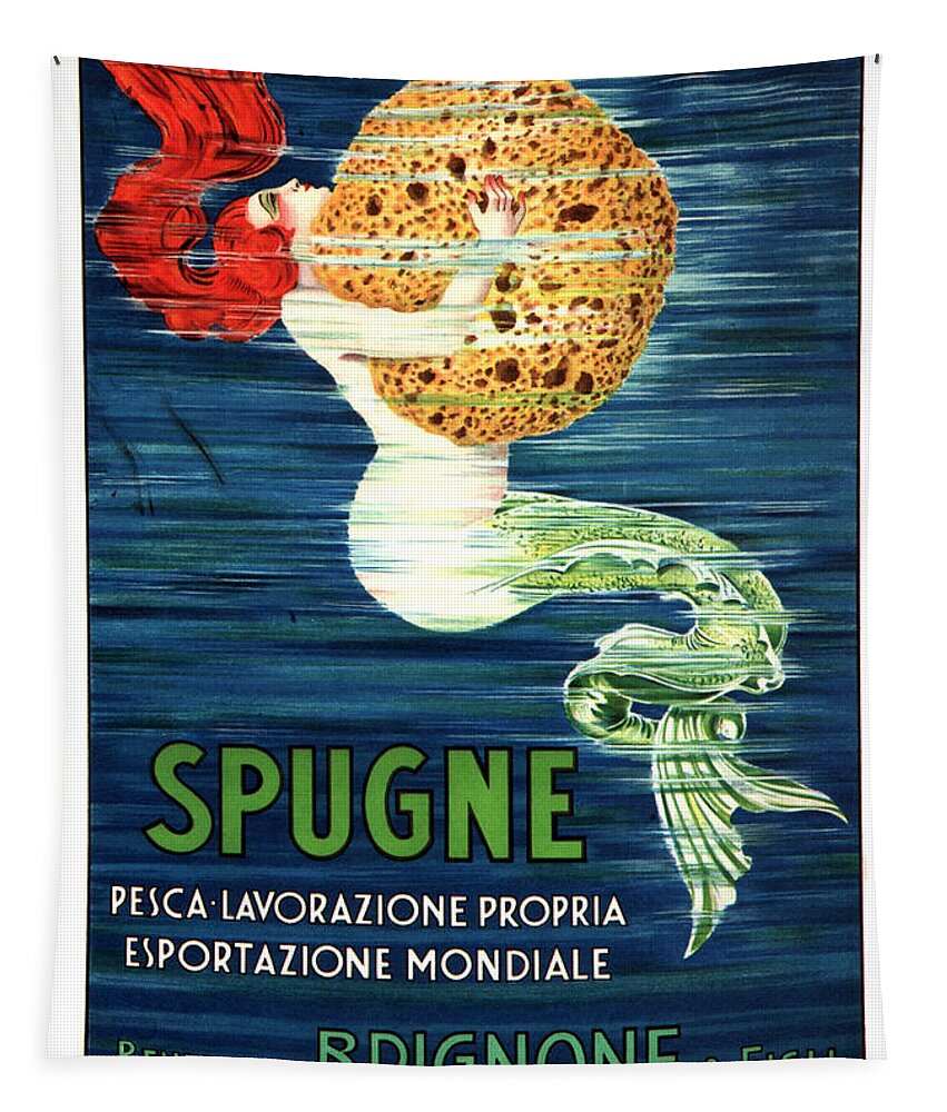 Vintage Tapestry featuring the mixed media Spugne - Mermaid - Brignone Bath Sponge - Vintage Advertising Poster by Studio Grafiikka