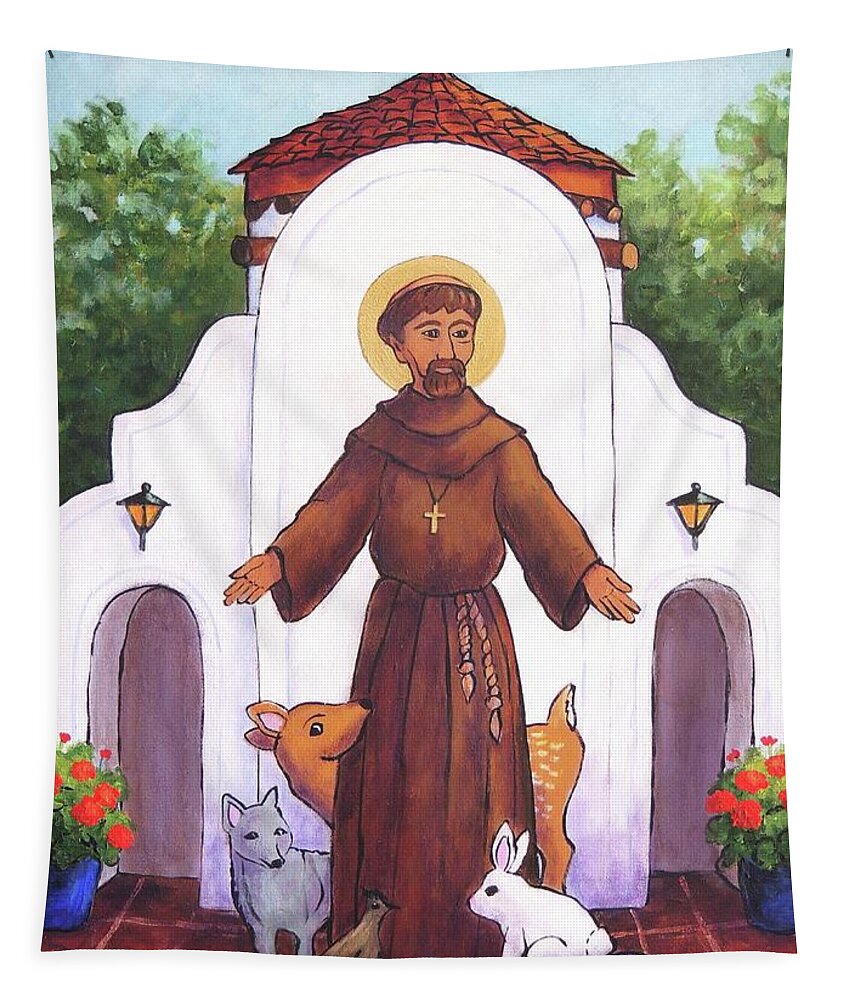 St. Francis Tapestry featuring the painting St. Francis at Holy Cross by Candy Mayer