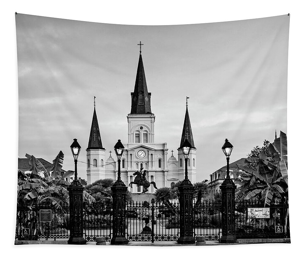 St. Louis Cathedral Tapestry featuring the photograph St. Louis Cathedral In Black and White by Greg and Chrystal Mimbs